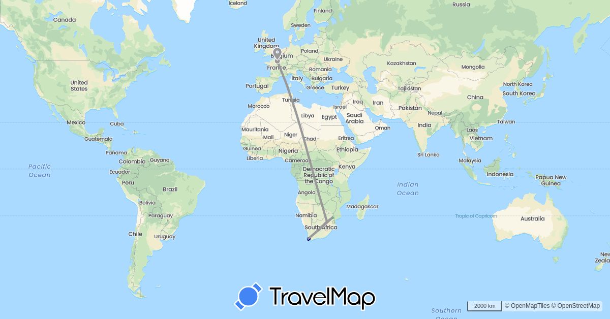 TravelMap itinerary: driving, bus, plane in France, South Africa (Africa, Europe)